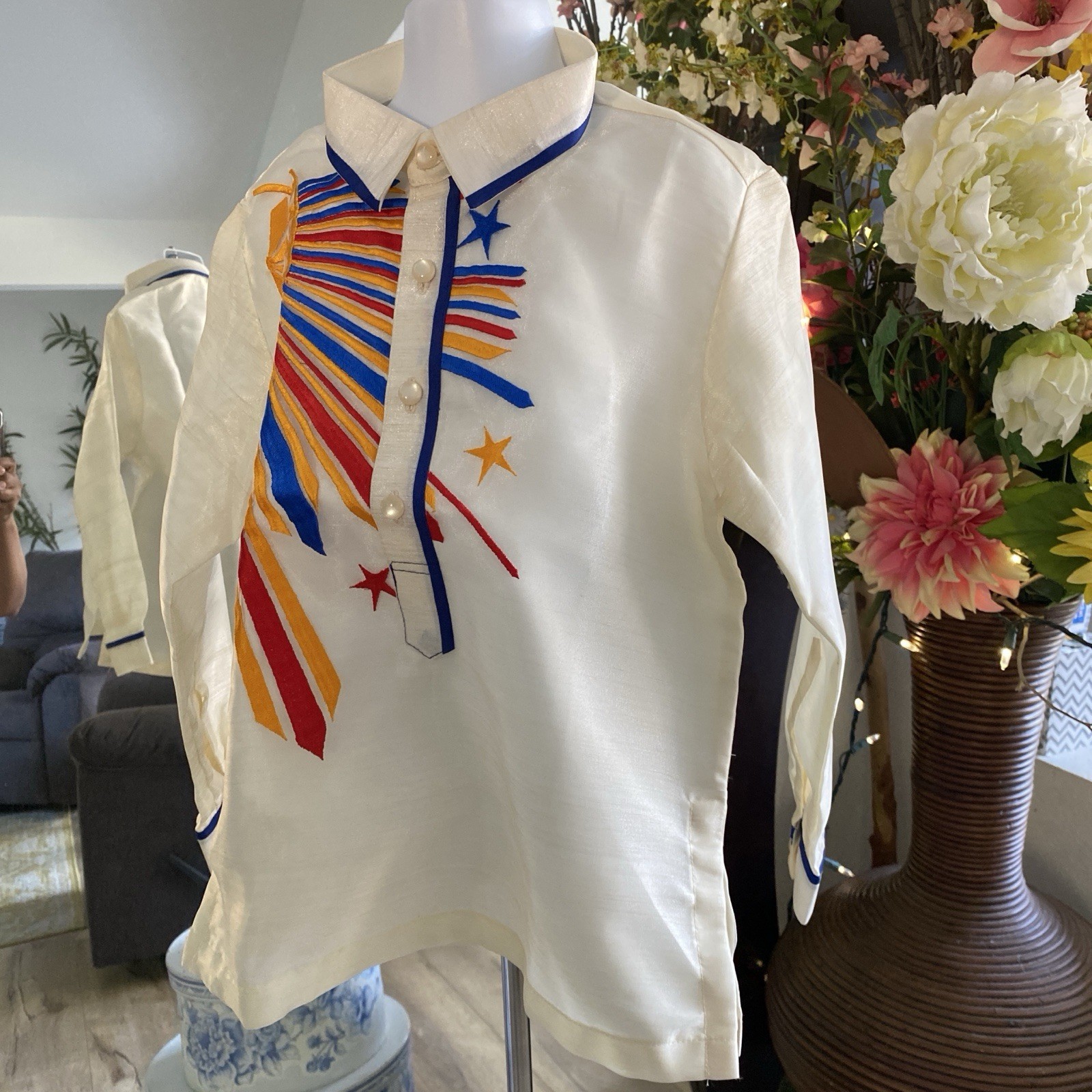 Barong Tagalog Embroidered White Kids’ Barong Shirt with Bright Starburst Motif