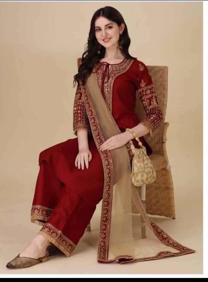Embroidered Maroon Chiffon stitched Party Wear Shirt Trousers Dupatta Medium