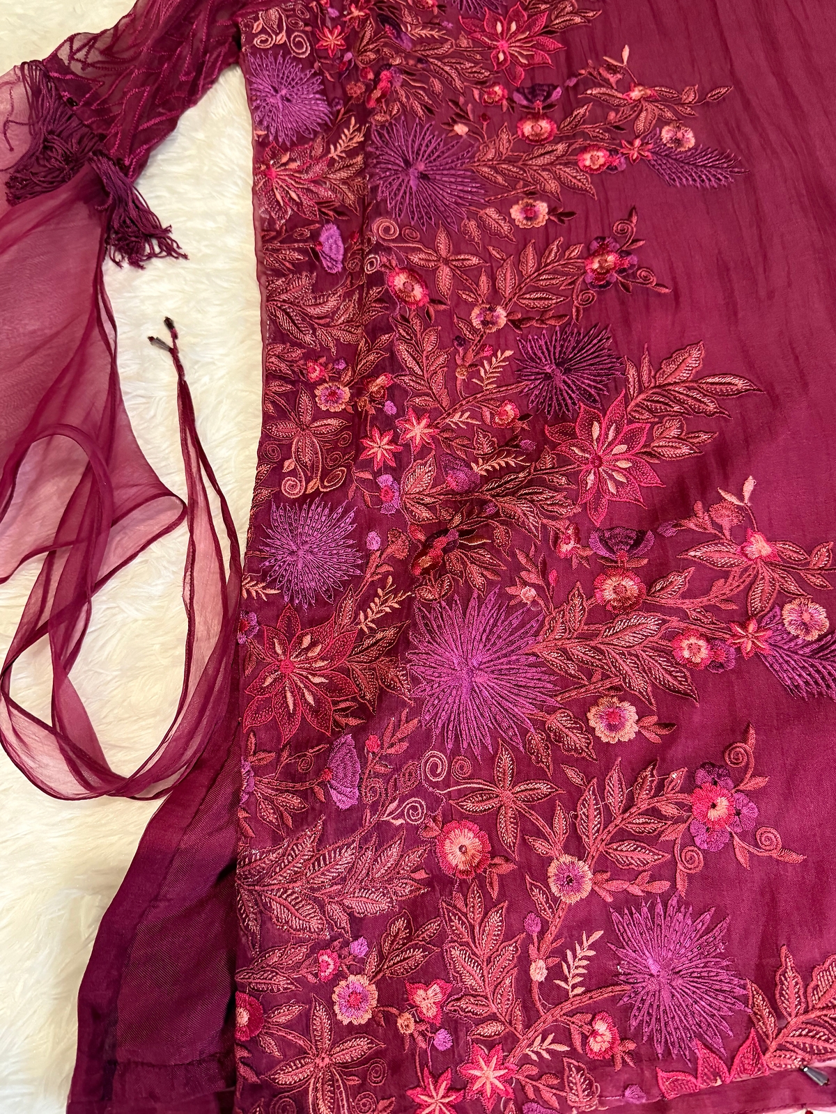 Jeem Deep Fuchsia/Maroon Organza Kameez with One Drop Corner