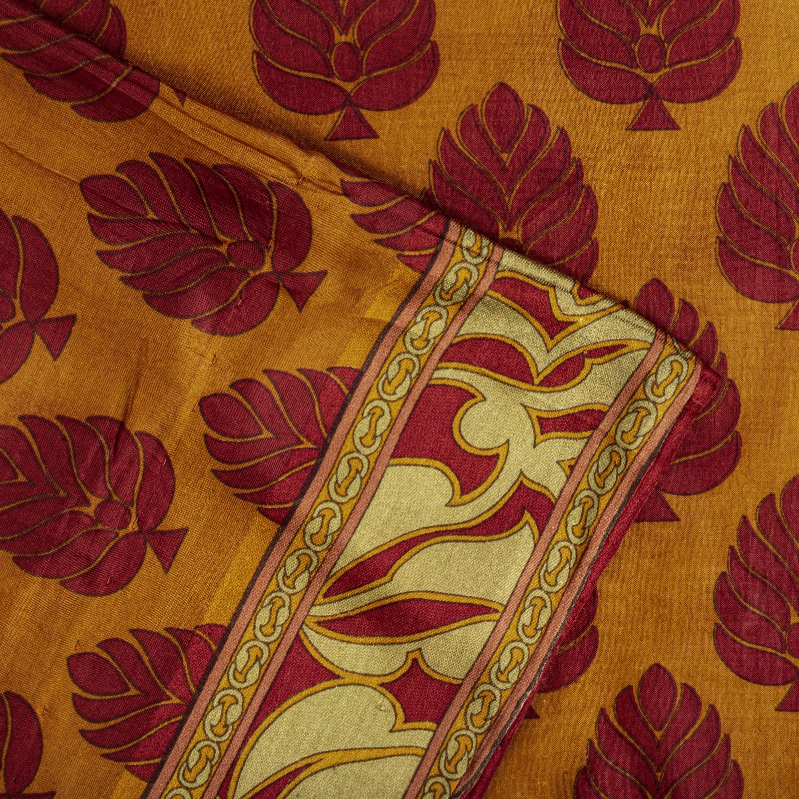 Sanskriti Vintage Saree Yellow Soft Pure Silk Block Printed Sari 5.5+Yd Fabric