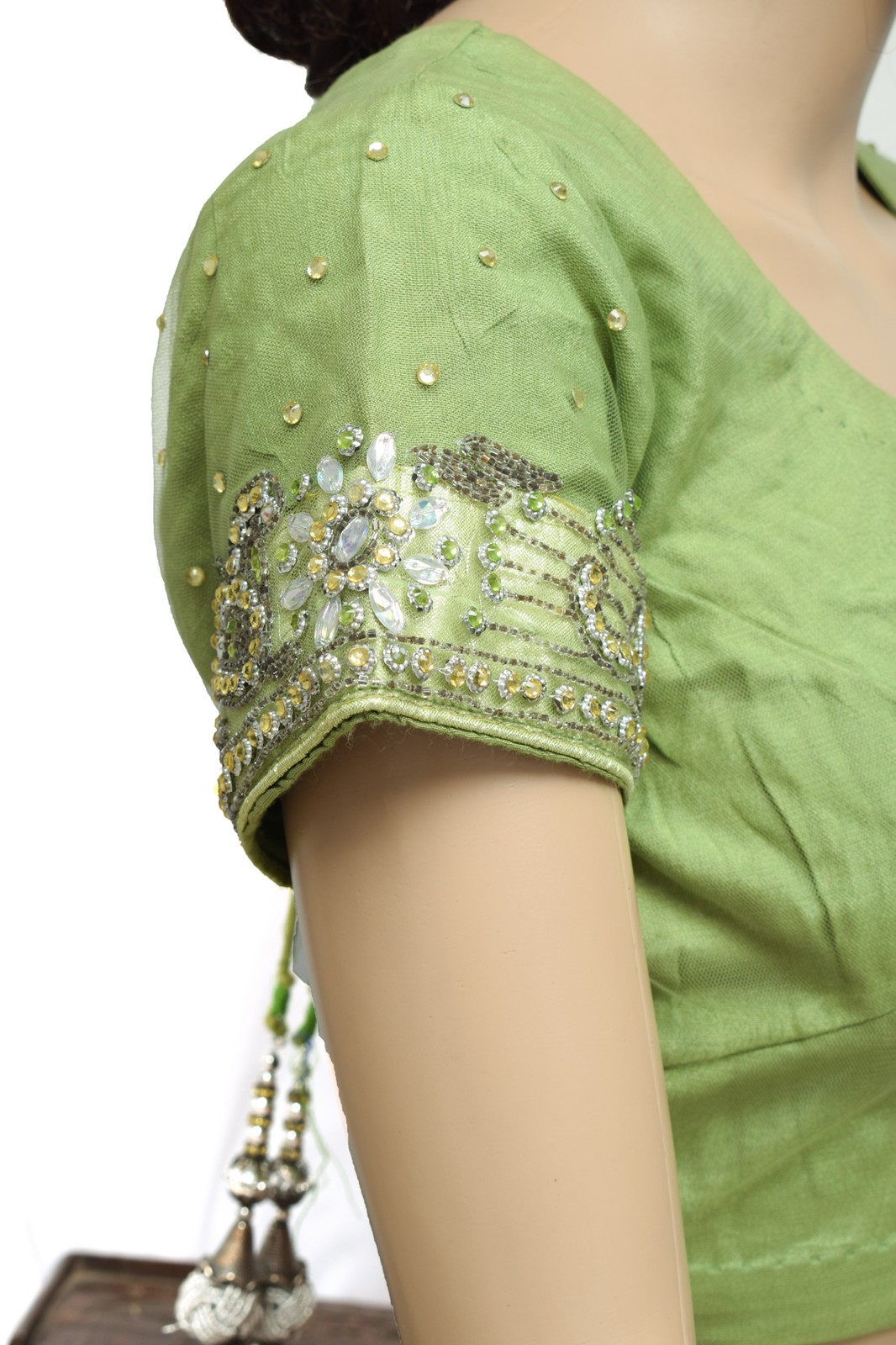 Sushila Vintage Green Readymade Stitched Sari Blouse Net Mesh Hand Beaded Choli