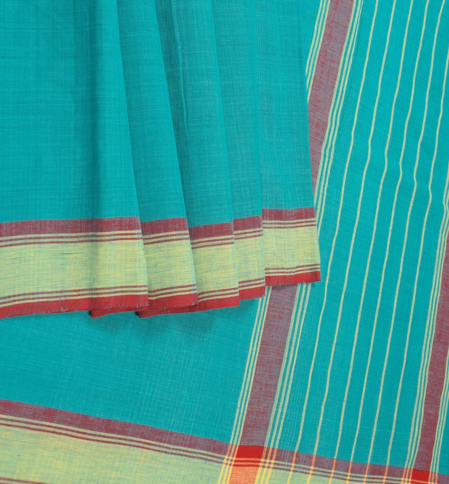Sushila Vintage Pure Handloom Cotton Saree Dark Aqua Woven Stripes Sari Fabric