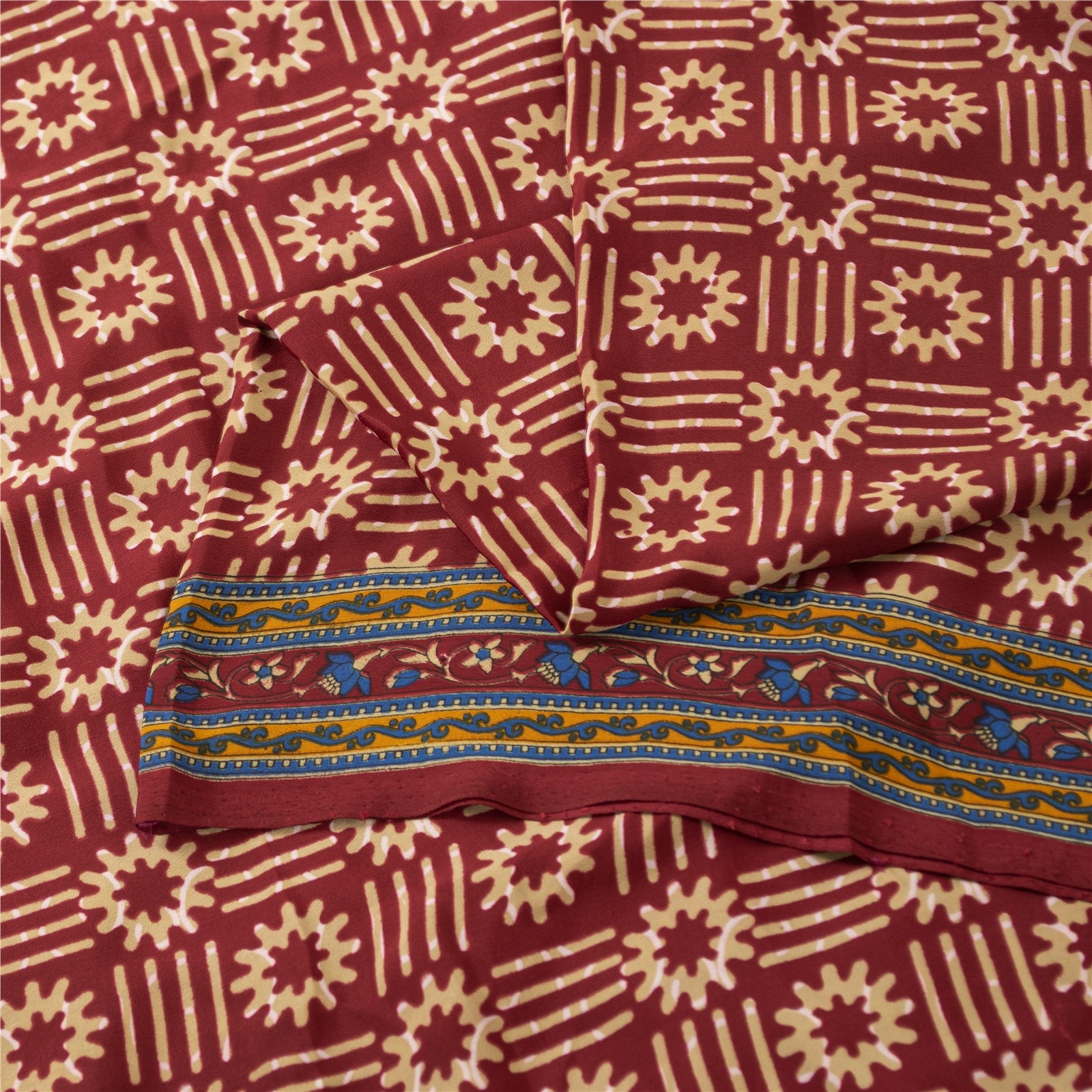 Sanskriti Vintage Dark Red Sarees Art Silk Fabric Craft Floral Printed 5 Yd Sari