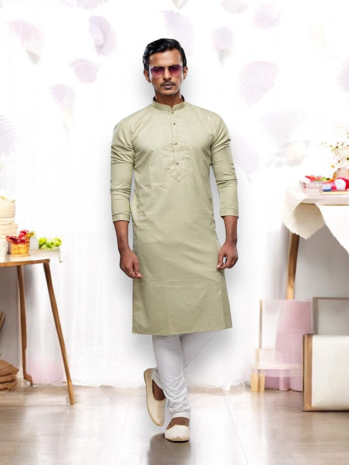 Pista Color Soft Plain Art Silk Kurta Pajama- Traditional Ethnic Wear for Mens-