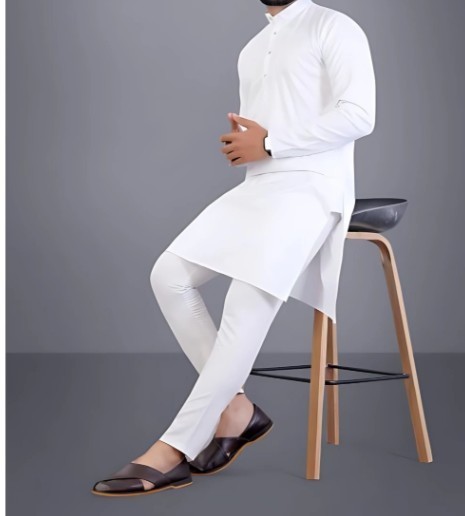 Mens kurta Pajama Set Indian Solid Stitched Knee Length Cotton Off white Kurtas