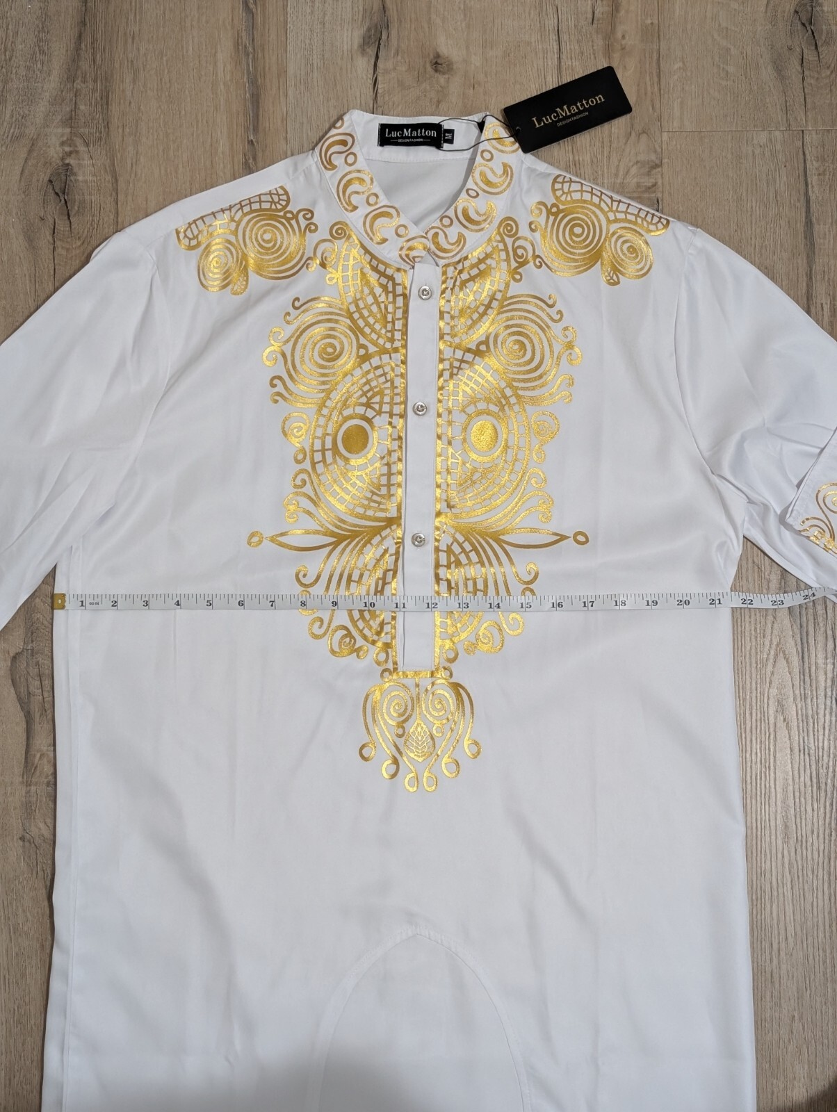 LucMatton Men African Dashiki Luxury Metallic Gold Printed Mandarin Collar Sz M