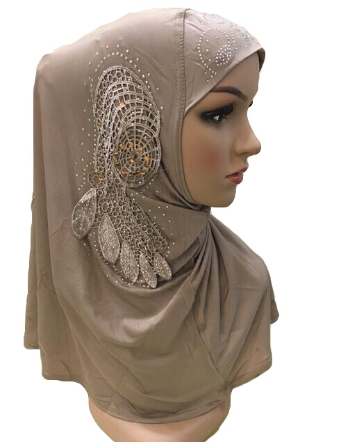 One Piece Muslim Women Hijab Flower Islam Hot Drilling Scarf Al Amira Headscarf
