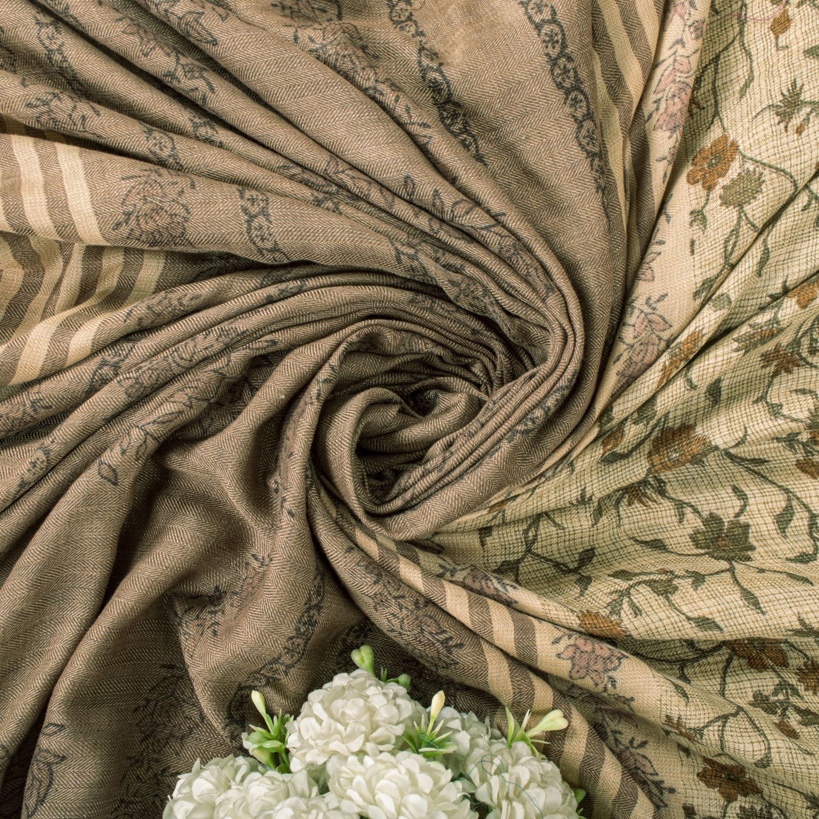 Sanskriti Vintage Pure Woolen Cream Saree Fabric Sanganeri Hand Block Print Sari