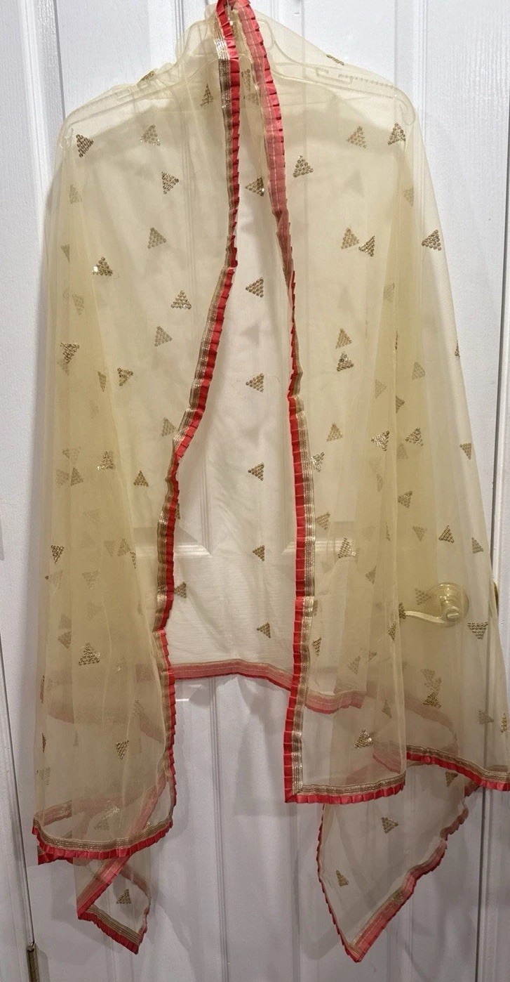 Indian Dupatta Reddish Orange Trim Gold Sheer Sequins Embroidered Scarf
