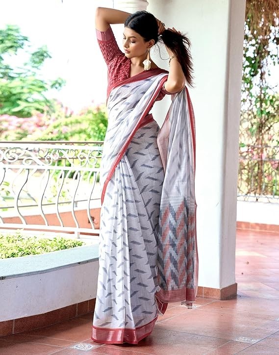 Women’s Cotton Linen Ikkat Printed Saree With Unstitched Blouse Piece