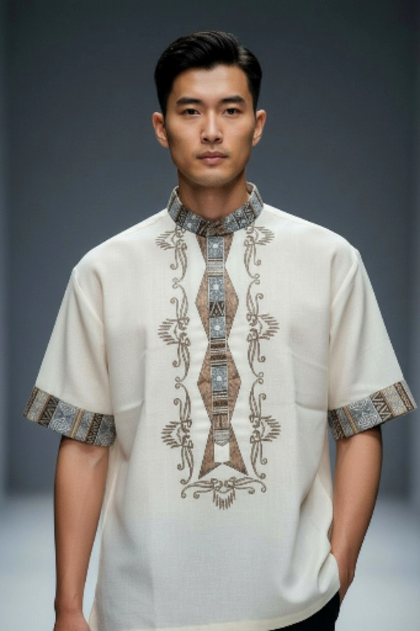 Men’s Short Sleeve Barong Tagalog Filipino Formal Shirt w/ Ethnic Fabric