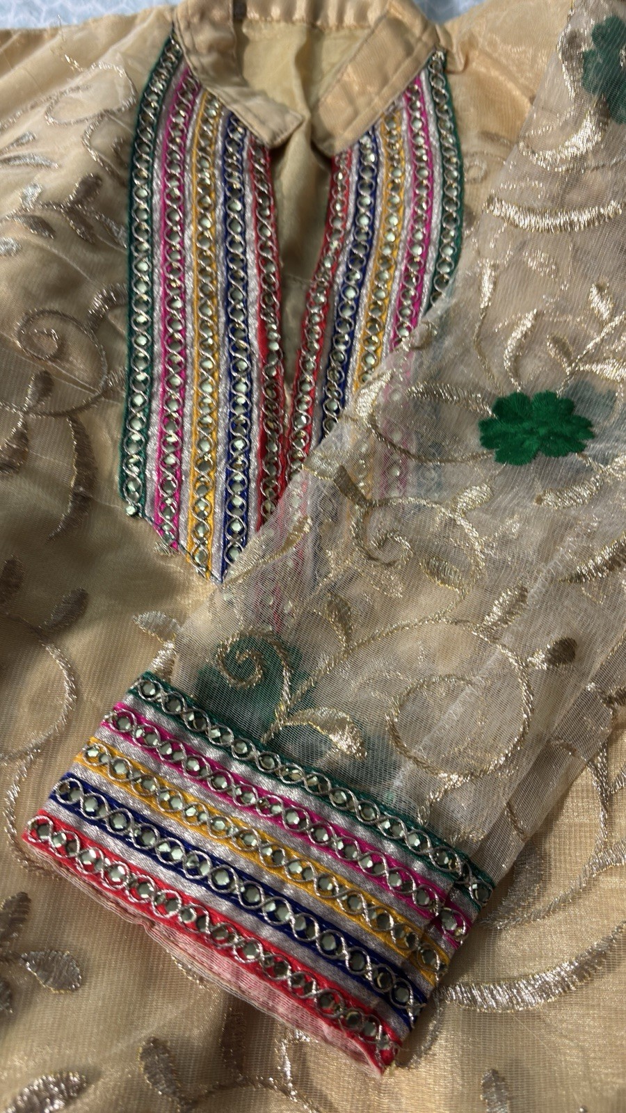 Girls / teen Beige Gold Embroidered Kurti ( Bust 34 )Ethnic Festive Party Wear