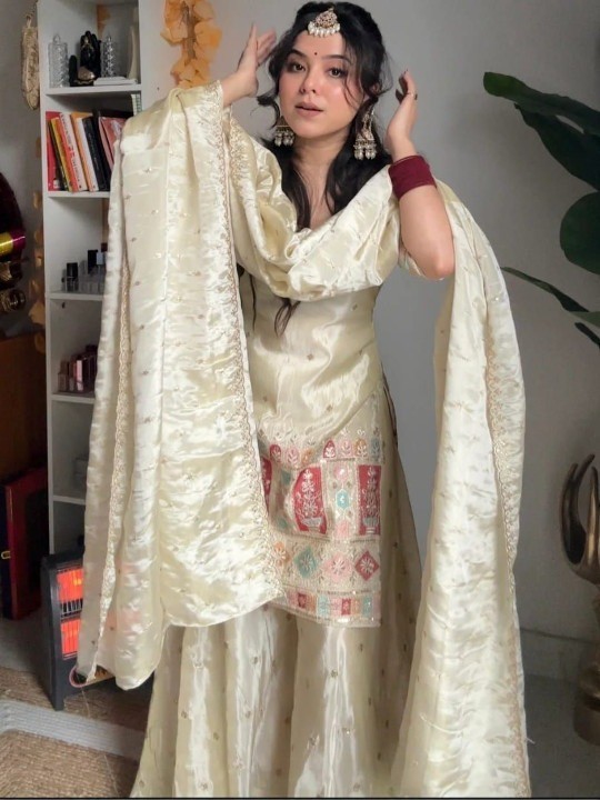 Women Ethnic Motifs Embroidered Salwar Suit Set with Sharara and Dupatta, Off Wh