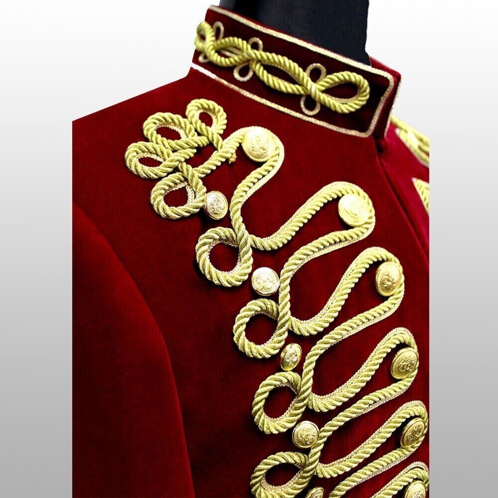 Men’s Red Hussar Velvet Jacket Military Gold Braided Jacket