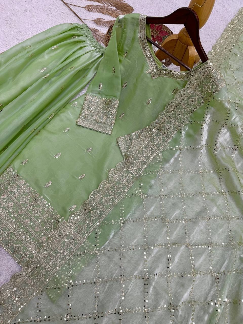 New Stylish Pure Silk Pista Green Top Palazzo With Dupatta For Wedding Wear