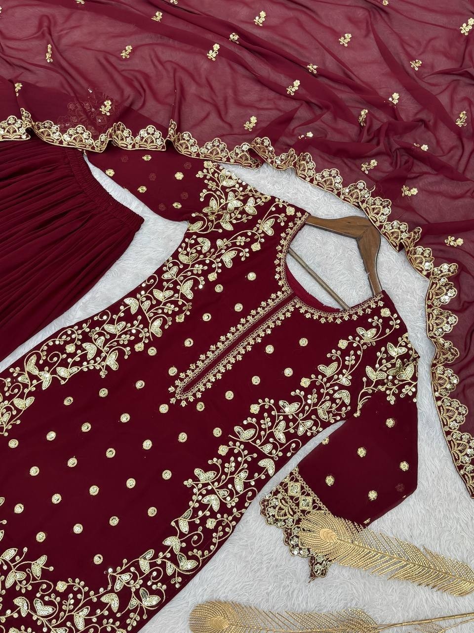 New Designer Faux Georgette Maroon Palazzo Suit With Dupatta For Function