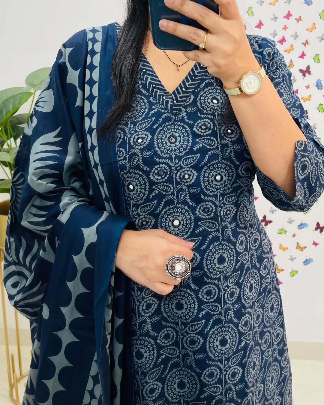 Women’s Pure Cotton Printed Straight Kurta with Pants and Dupatta Set