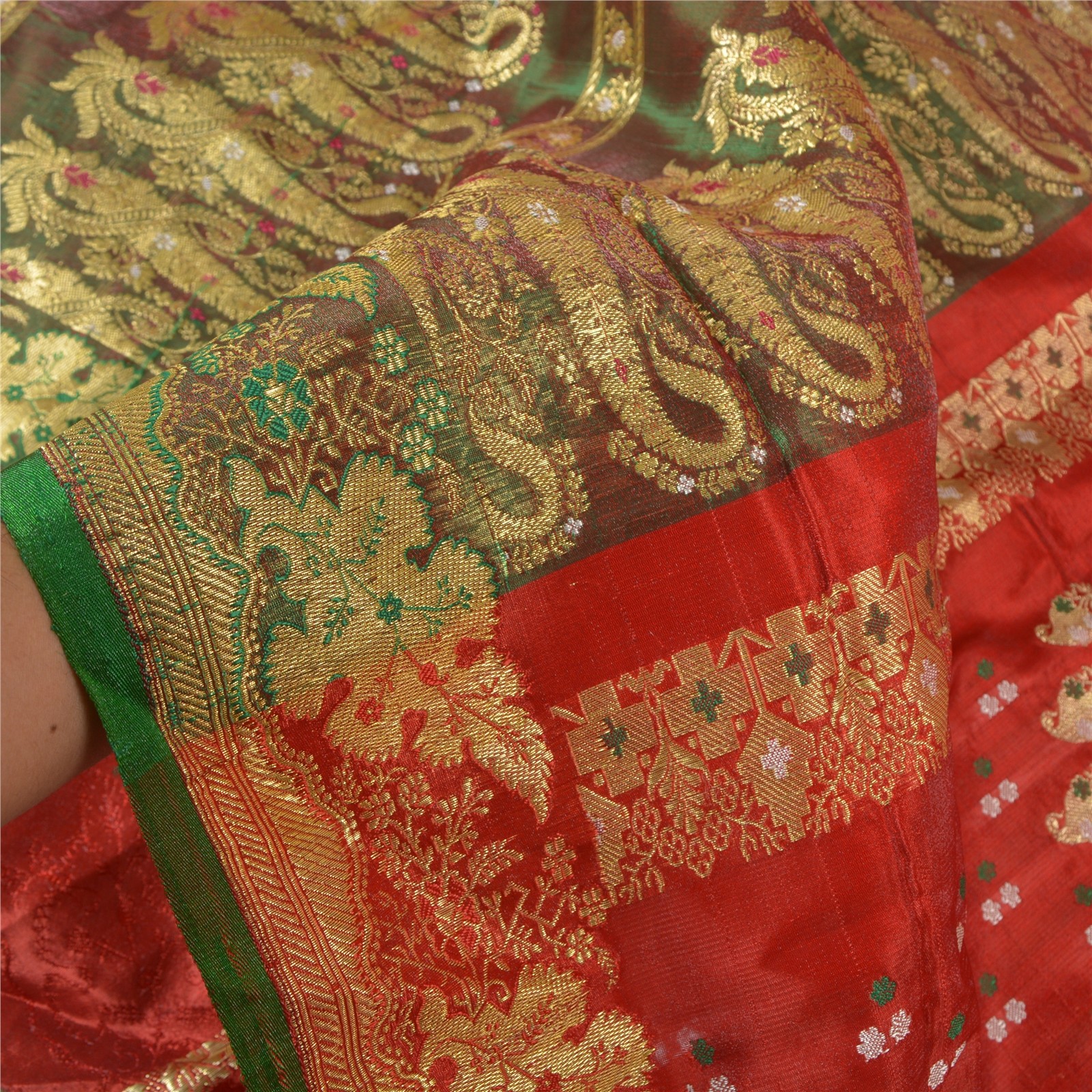 Sanskriti Vintage Red Blend Silk Zari Handwoven Saree Banarasi Brocade Craftsari