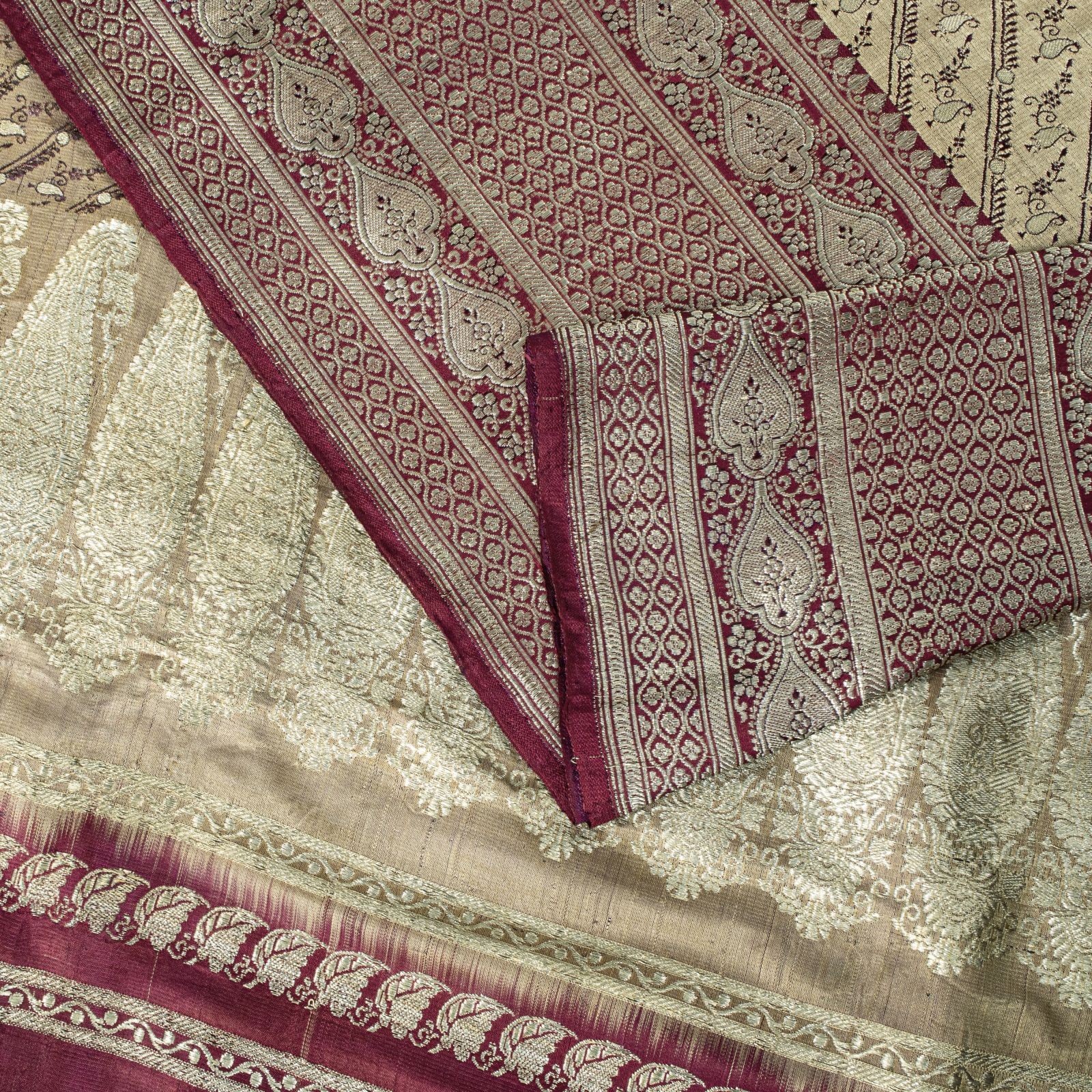 Sanskriti Vintage Cream Pure Satin Saree Banarasi Brocade Zari Hand-Woven Sari