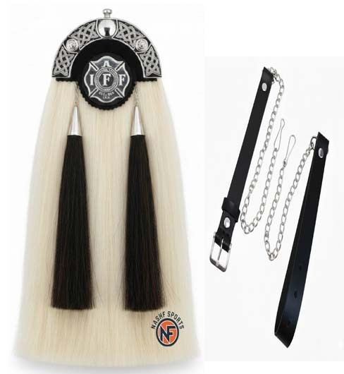 Scottish Firefighter Horsehair Sporran White Black Tassels Silver Celtic Cantle