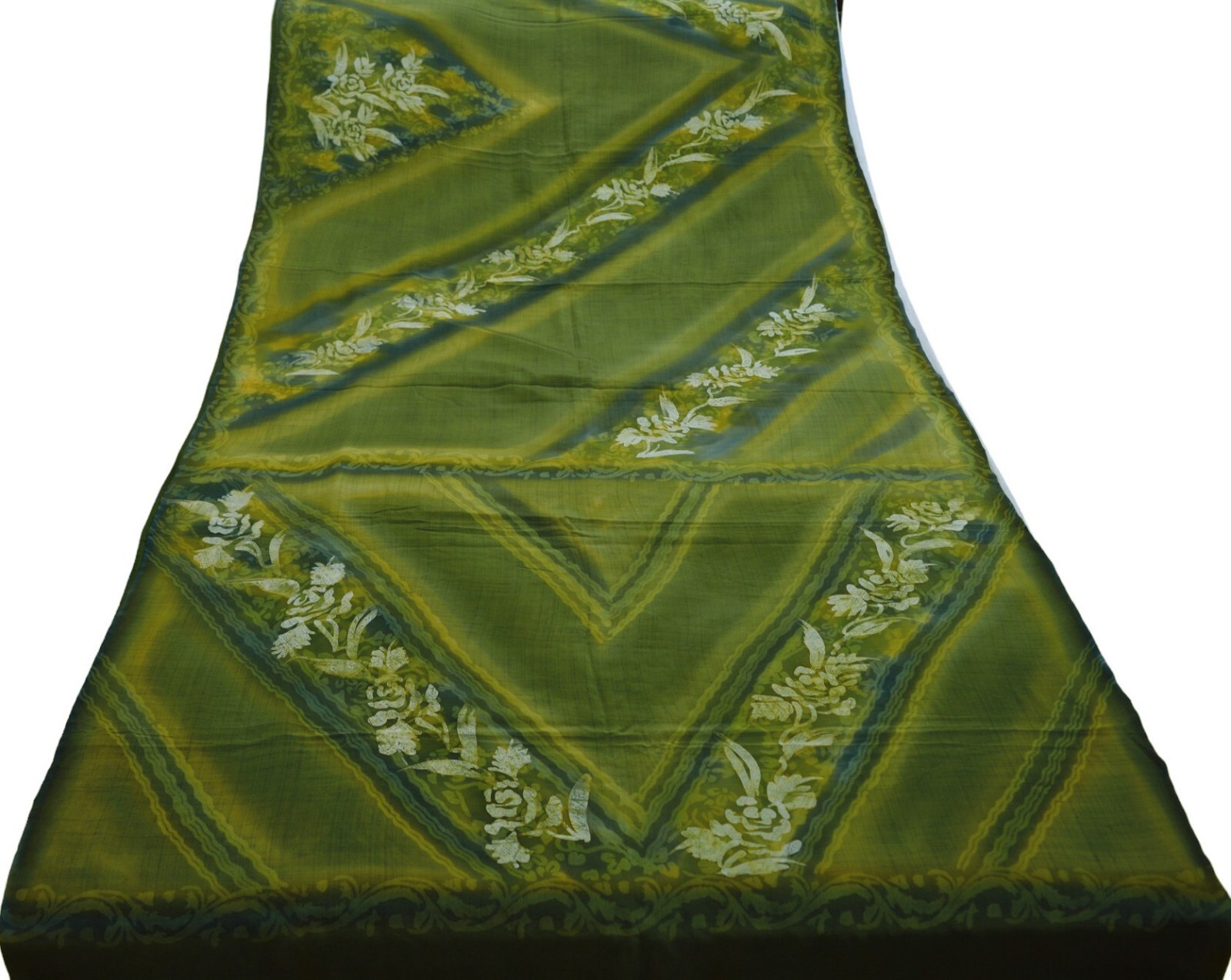 Vintage Green Saree Pure Crepe Silk Printed Indian Sari Fabric 5yd Sewing Floral