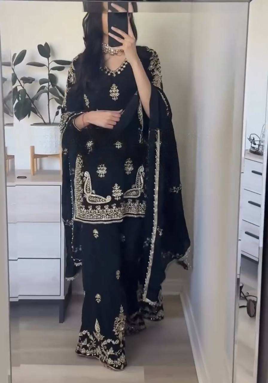 Latest New Chinon Silk Black Top Palazzo With Dupatta For Indian Reception