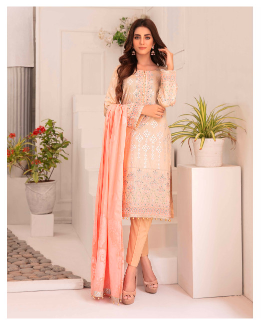 SemiFormal Jacquard Cotton Broshia Embroidered 3PC Shalwar Kameez Pakistani L/43