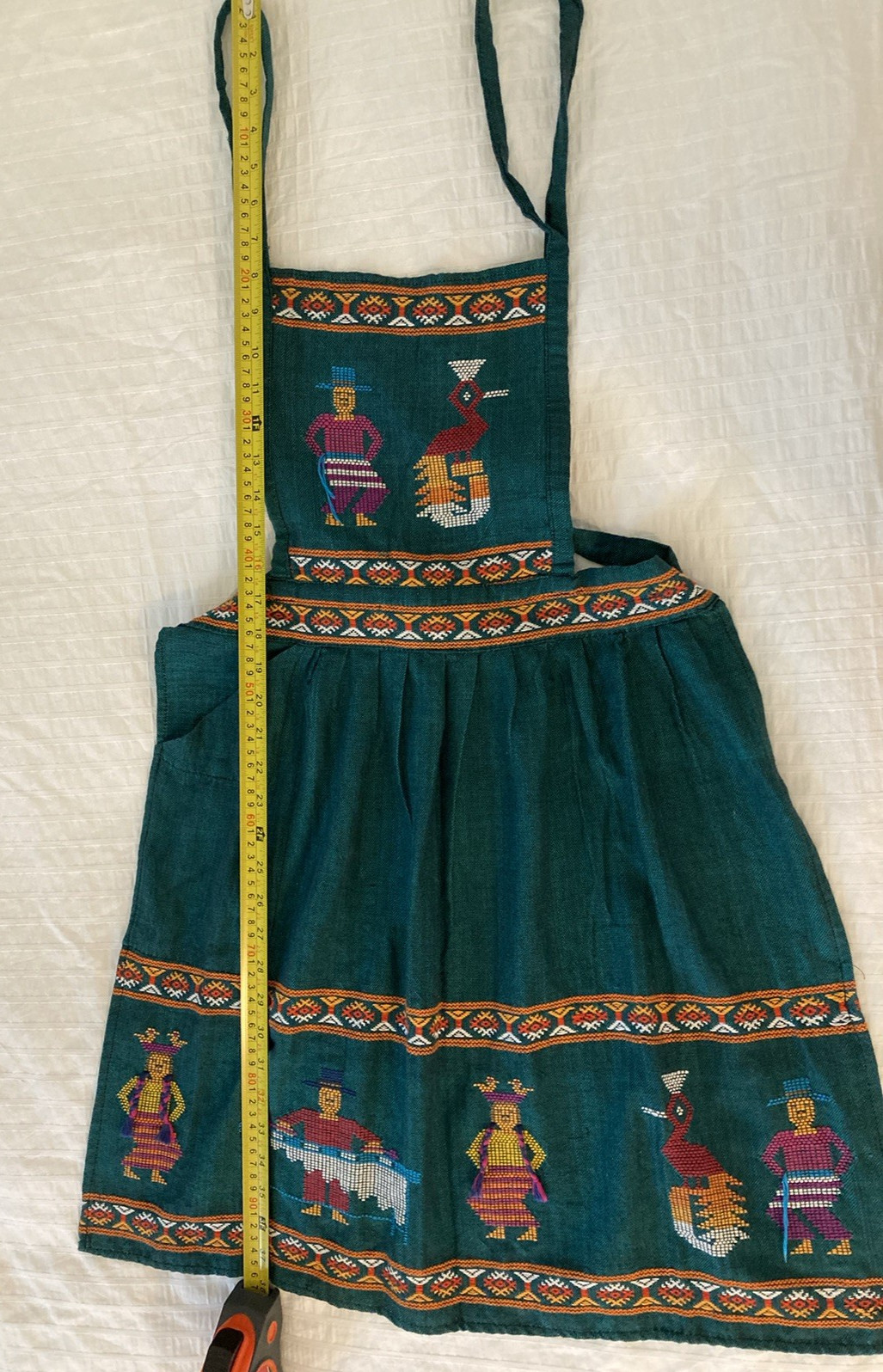 VTG Guatemala Boho/Tuscan Colors Embroidered Bib Apron Color Teal One Size