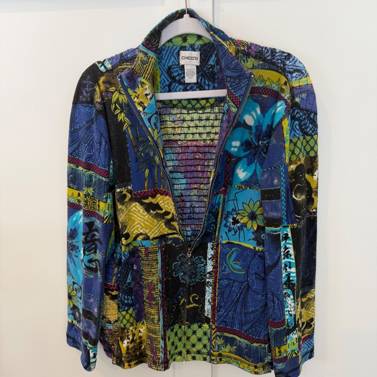 Vintage Chicos Jacket Art To Wear 100% Cotton Asian Buddha Blue Purple 2 Large