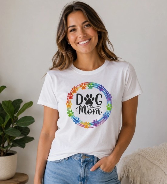 DOG MOM Womens Tee Rainbow Wreath Paw Prints Sm-2XL White Gray NEW