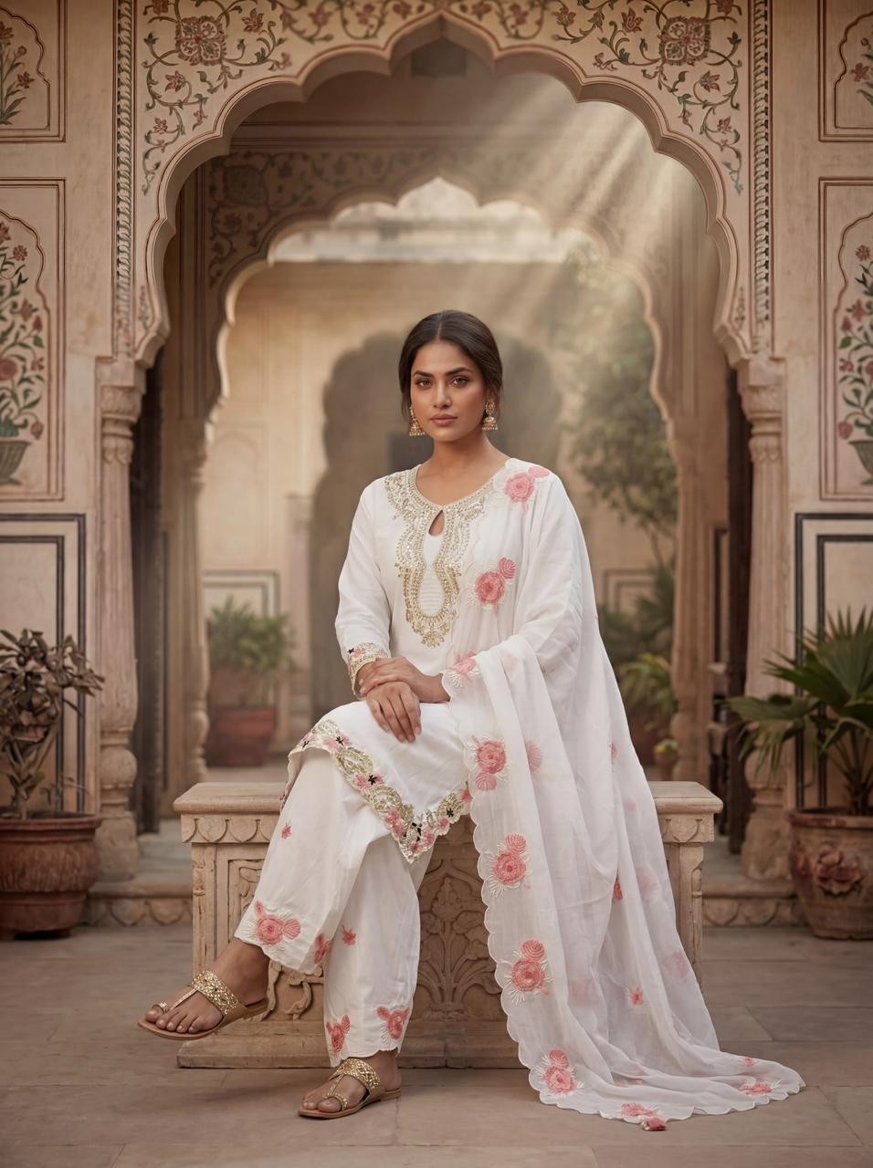 White color embroidered 3-Piece Suit Set for Women | Stylish Kurta