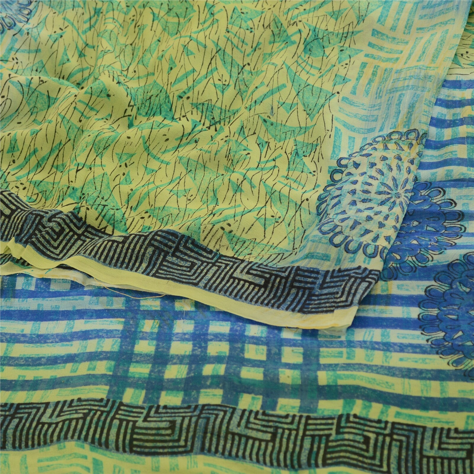 Sanskriti Vintage Saree Green Pure Georgette Silk Printed Sari Soft Craft Fabric