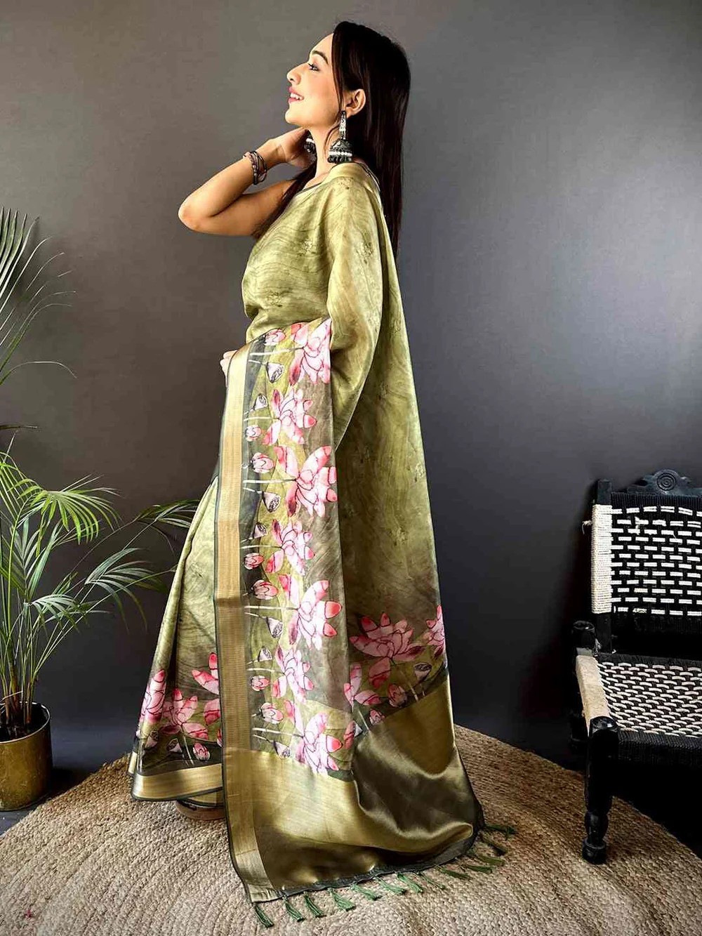 Women Olive Green Floral Grace Soft Silk Tissue Saree With Blouse Piece