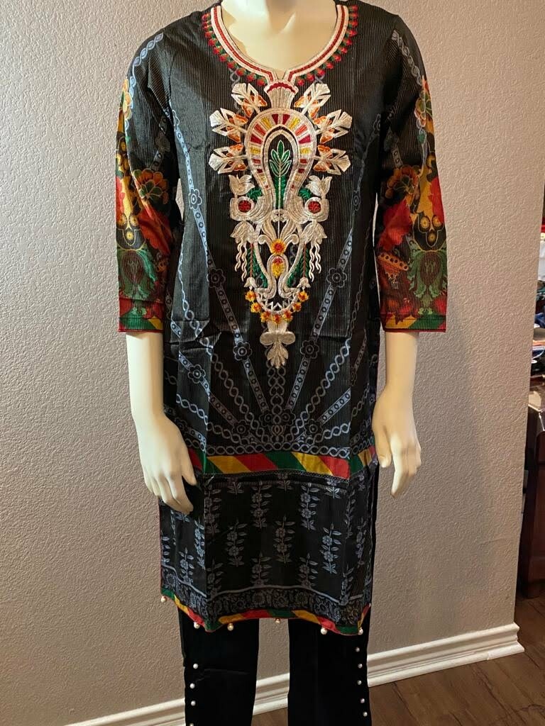 New Women’s 3 Piece Indian/Pakistani Lawn Suit tailored stitched Black/Multi – S