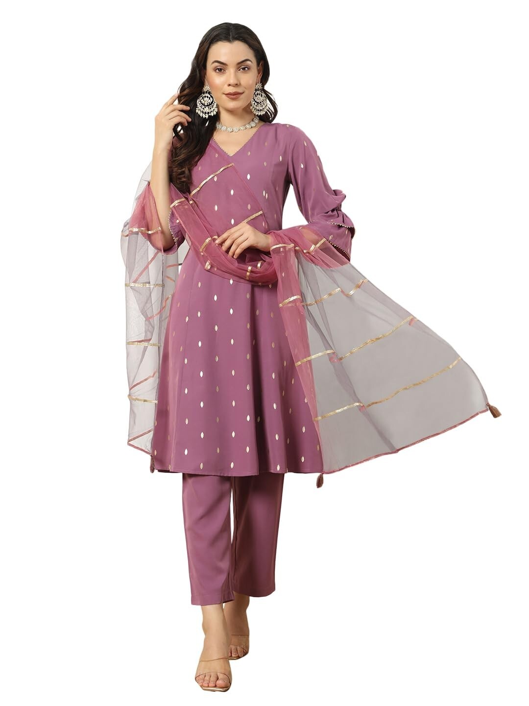 Women’s Flared Lavender Crepe Kurta and Pant with Stylish Dupatta
