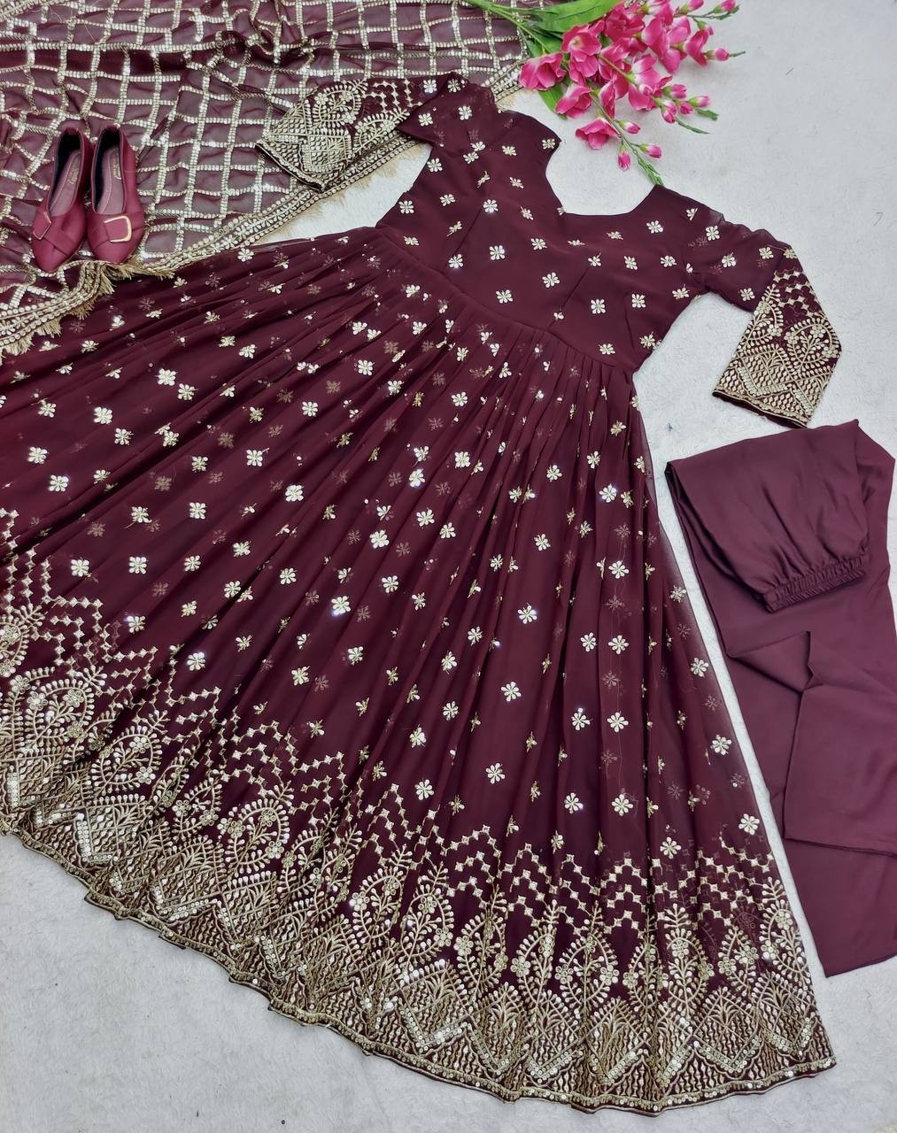 Stunning Look Faux Georgette Maroon Gown Bottom With Dupatta For Wedding Wear