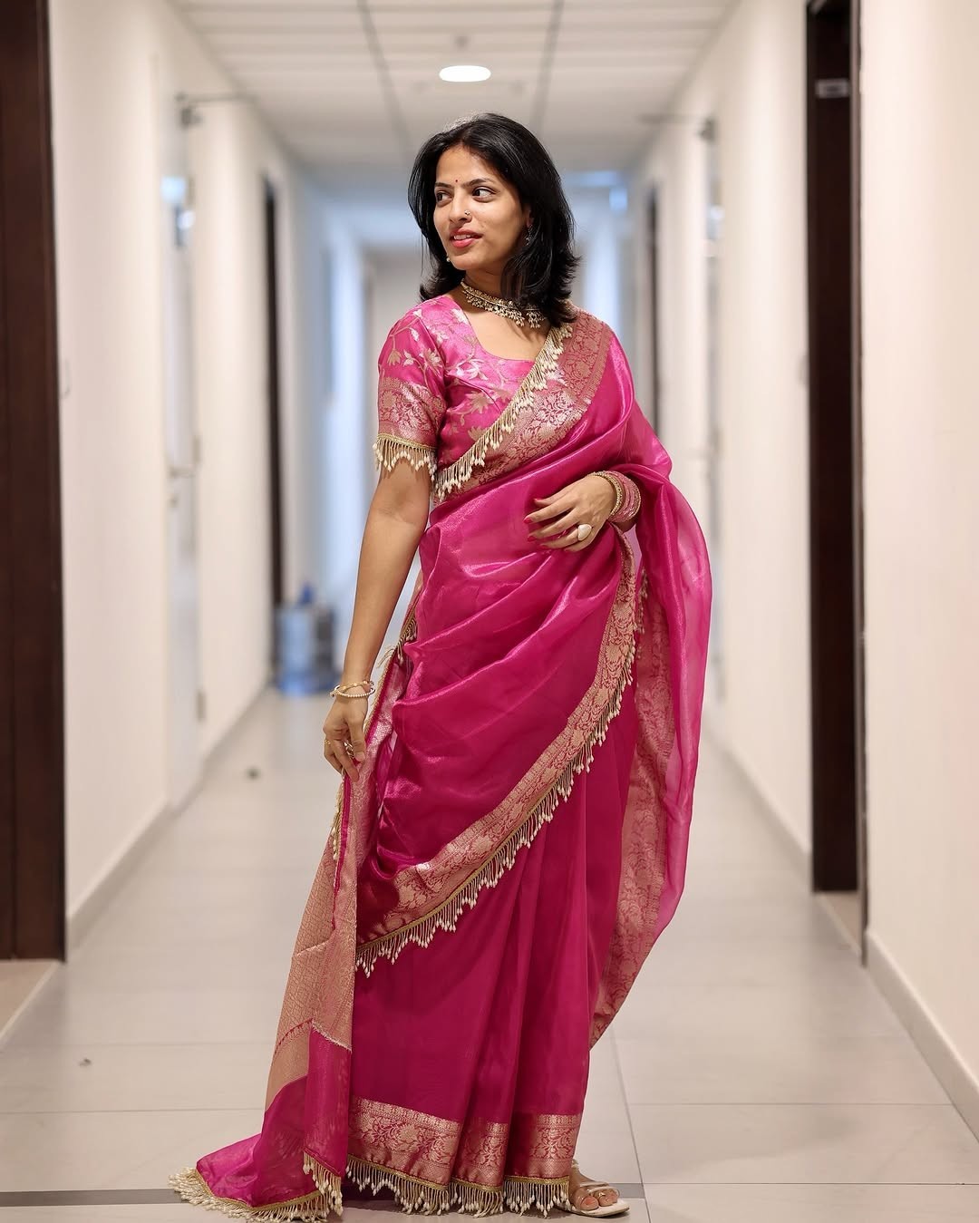Premium Banarasi Tissue Silk Saree Pink Designer Lace Border Wedding Wear Sari