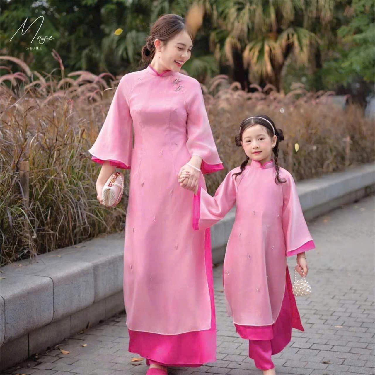 Red Vietnamese Traditional Ao Dai/Dress with Red Pants for Girl. Complete Set