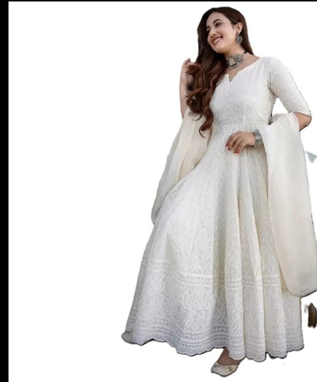 Women’s Ethnic Cotton Chikankari Flared Anarkali With Chiffon Dupatta GB1