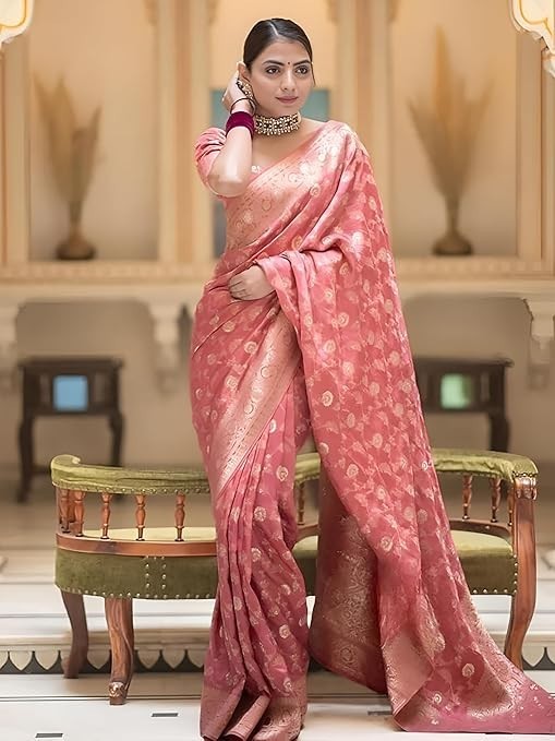 Women’s Pure Kanjivaram Silk Saree Soft Banarasi Style Wedding With Blouse Piece