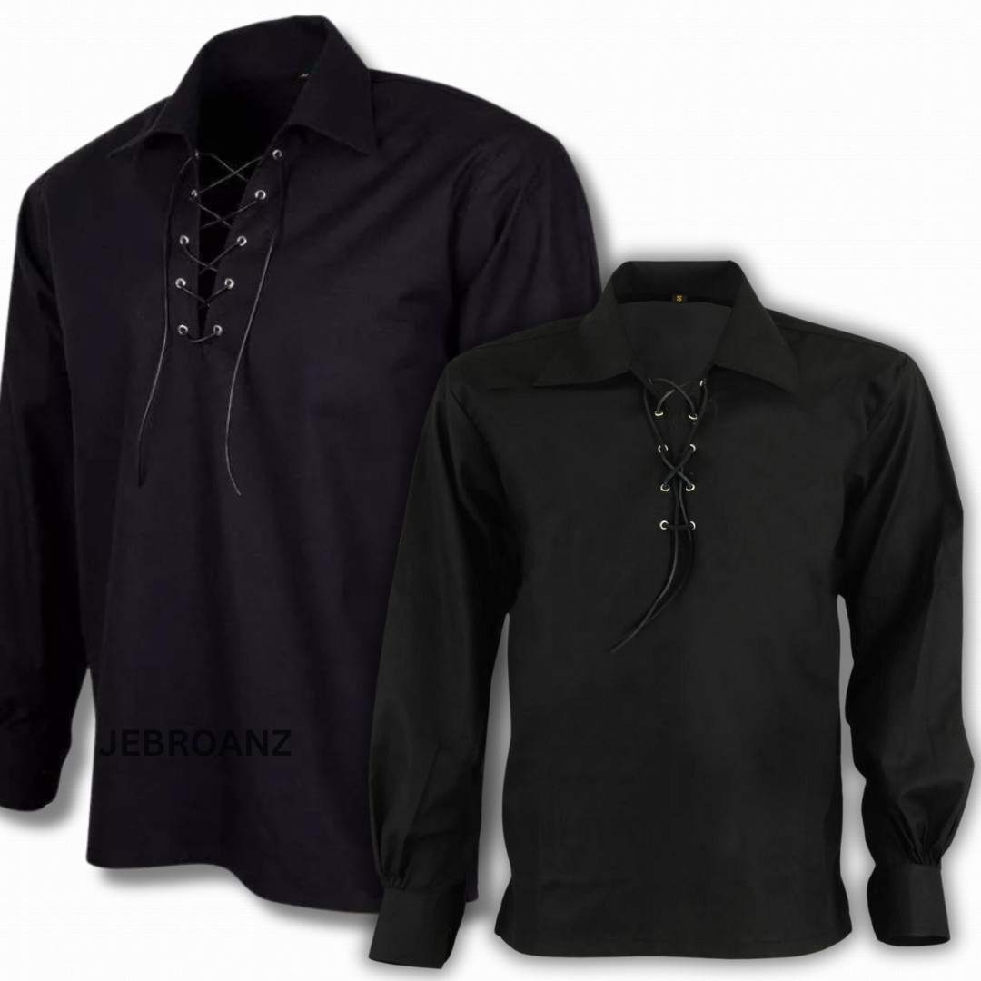 Brand New Black Scottish Highland Jacobean Jacobite Ghillie Kilt Shirt with Lace
