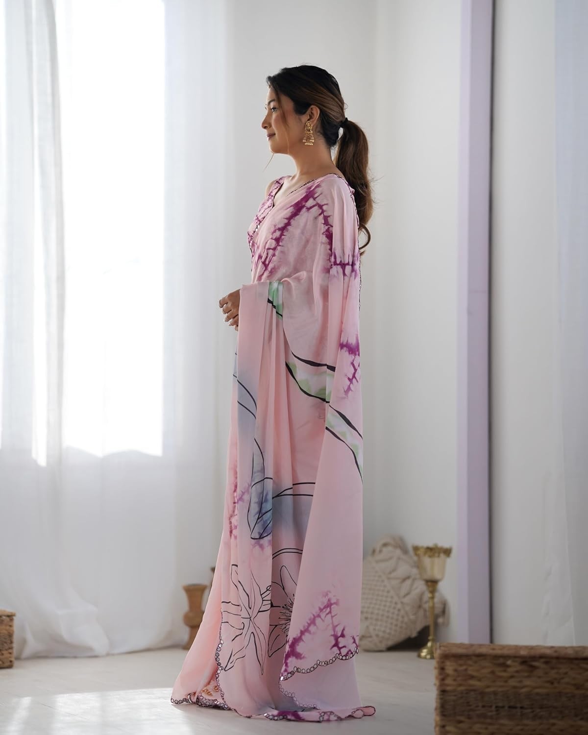 Women’s Chinon Digital Printed Saree with Unstitched Blouse Piece
