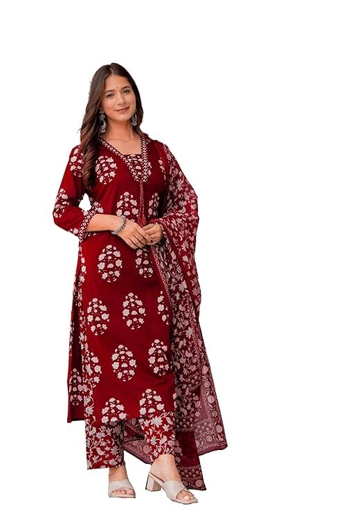 Women’s Pure Cotton Printed Straight Kurta Set with Palazzo Pants & Dupatta