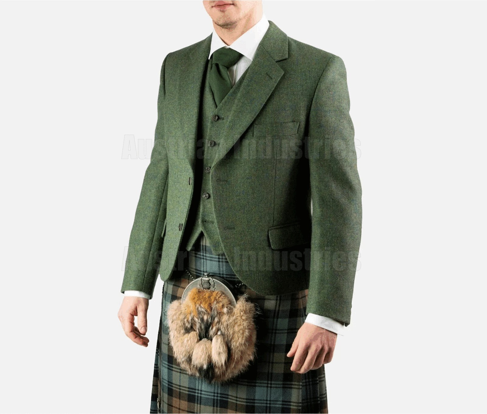 Scottish Men’s Lovat Green Argyle Jacket Handmade Kilt Jacket With 5 Button Vest
