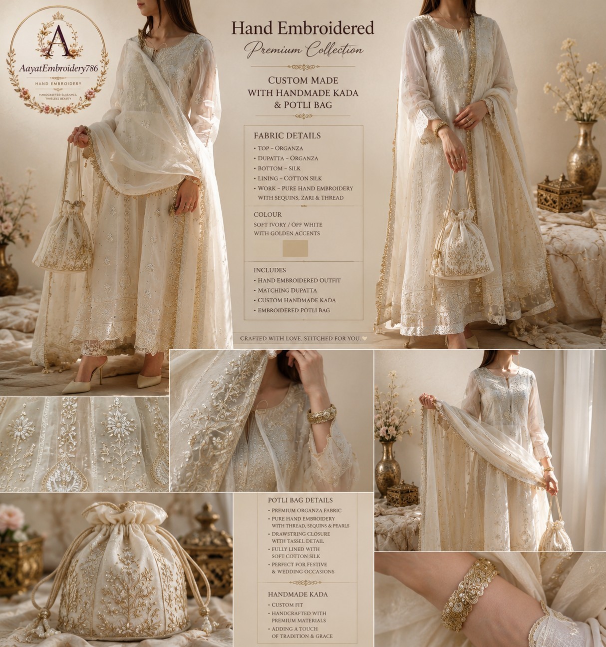 Luxury Ivory Hand Embroidered Organza Anarkali Suit Set with Potli Bag &…