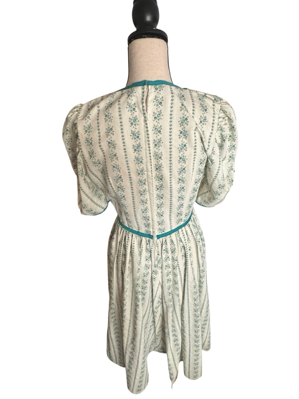 Handmade Women’s German Dirndl Dress Green Floral Striped Puff Sleeve S