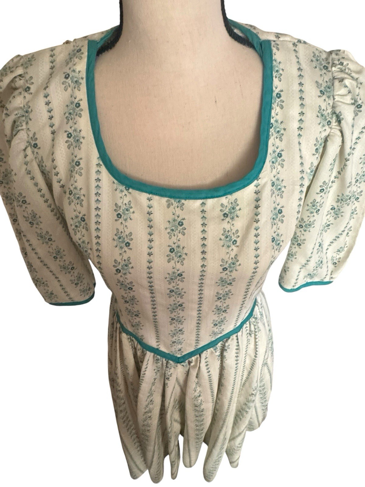 Handmade Women’s German Dirndl Dress Green Floral Striped Puff Sleeve S