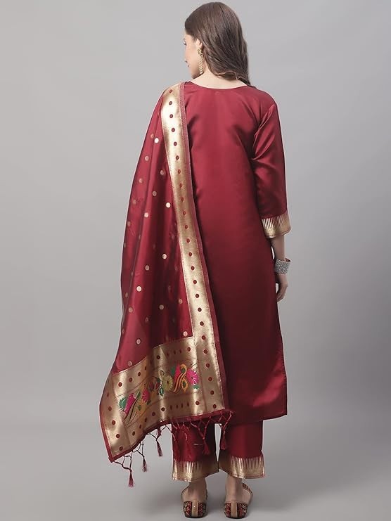 Women’s Cotton Silk Jacquard Straight Kurta with Pant & Banarasi Silk Dupatta Se