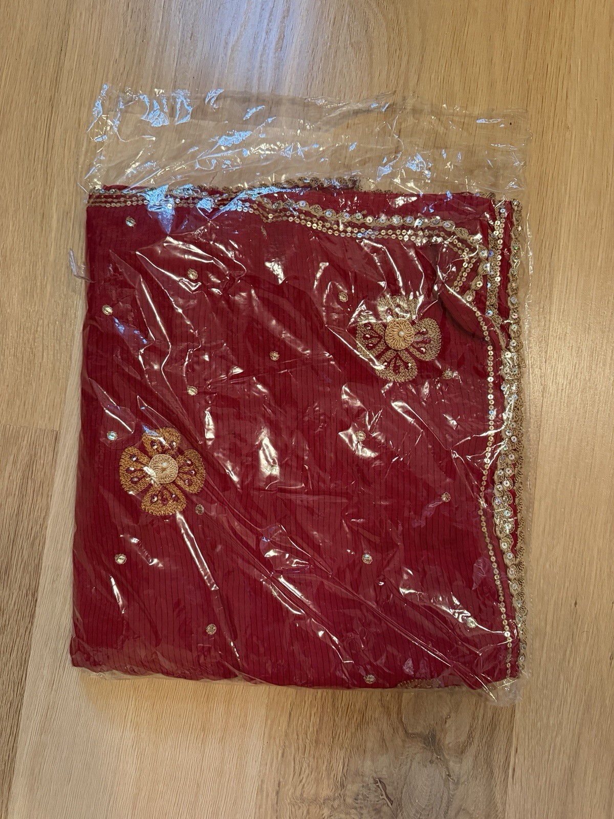 Red Chiffon Saree Fabric With gold sequin And Trim