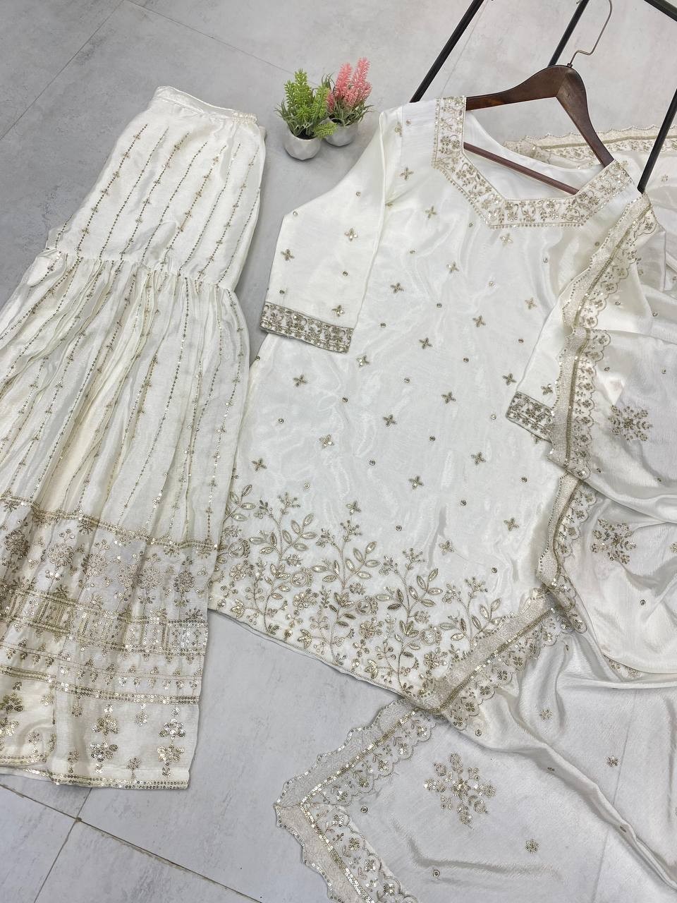 Stunning Look White Chinon Top And Palazzo With Dupatta For Aesthetic Wear